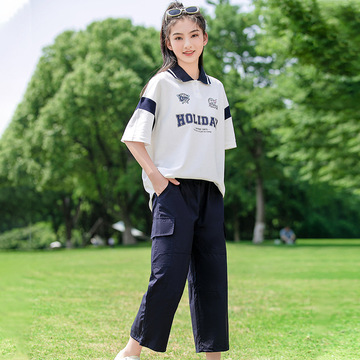 5067少女短袖t恤学院风polo衫翻领高初中学生大童夏装宽松上衣潮