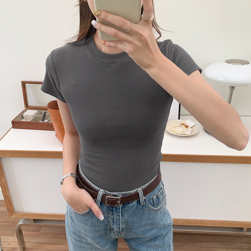 European Goods American Thread Shoulder T-shirt Women's Short Sleeve Summer New Slim Fit Slimming round Neck Bandage Dress Short Bottoming Shirt