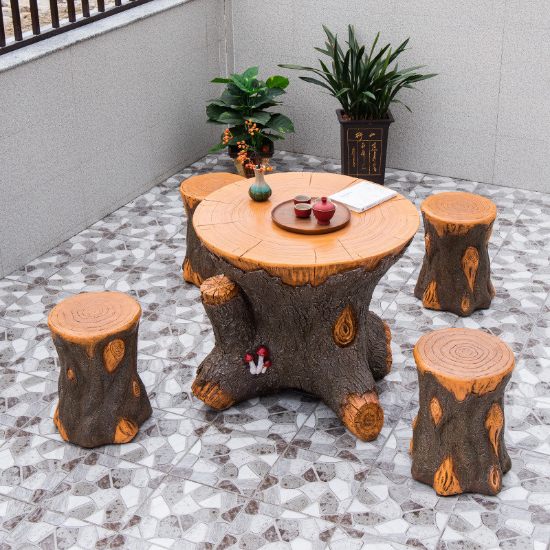 户外庭院圆形树桩桌椅组合公园花园休闲阳台凳子仿实木根雕泡茶几