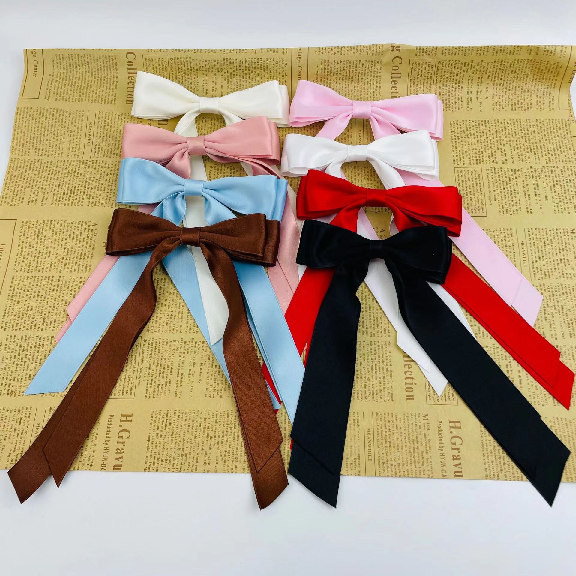 跨境爆款双层蝴蝶结丝带弹簧夹韩版甜美芭蕾风纯色长款后脑勺发夹