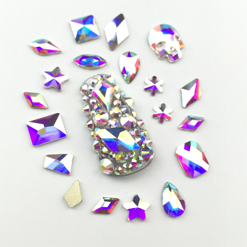 跨境热卖水晶钻美甲钻石ab炫彩玻璃平底异形指甲贴钻diy饰品水钻