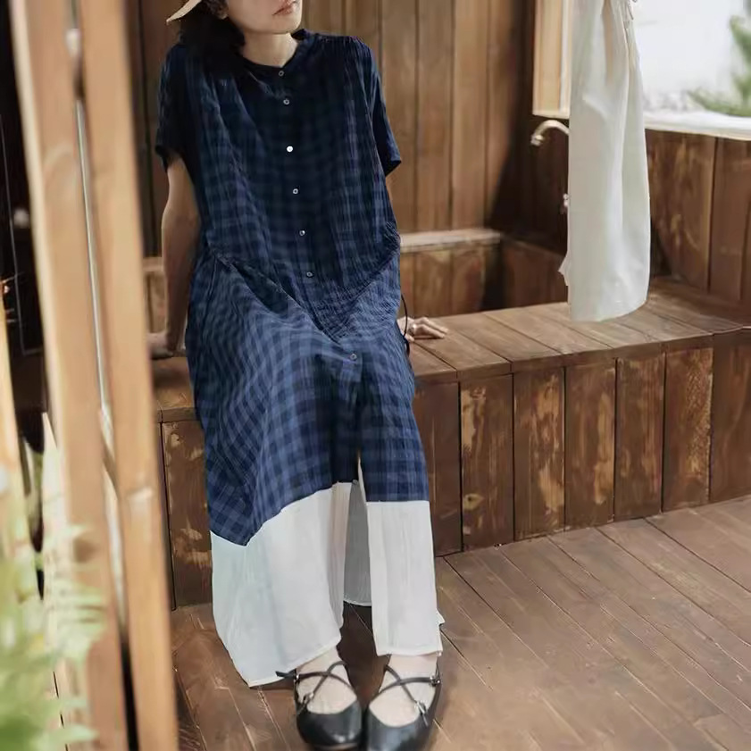 格子圆领拼接连衣裙休闲松驰感日系风格穿搭女春夏-阿里巴巴