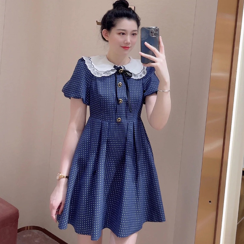 蓝色波点连衣裙女春夏娃娃领裙子设计感小众洋气减龄雪纺仙女裙