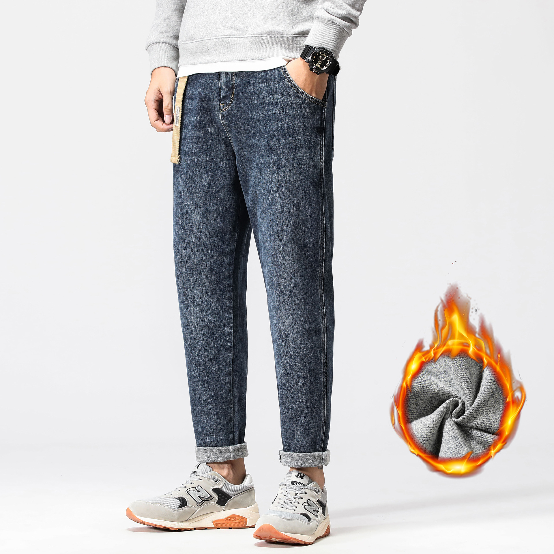 2021牛仔裤男秋冬季潮牌抓绒宽松弹力小脚青年宽松新款休闲哈伦裤