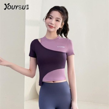 运动短袖女夏季跑步训练薄款t恤时尚拼色健身上衣修身显瘦瑜伽服