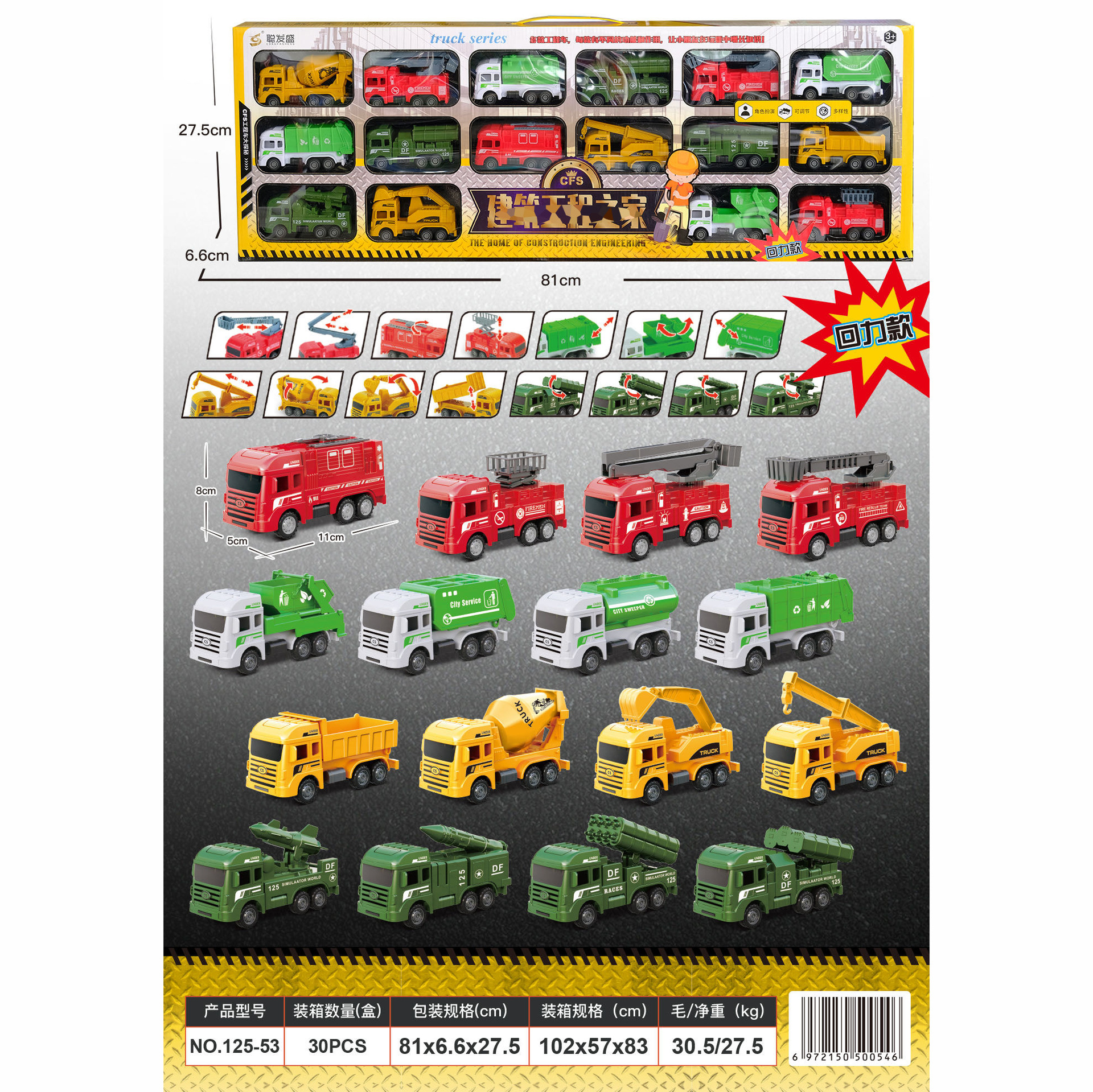 跨境惯性回力车玩具儿童仿真工程车玩具车消防环卫军事车模型套装