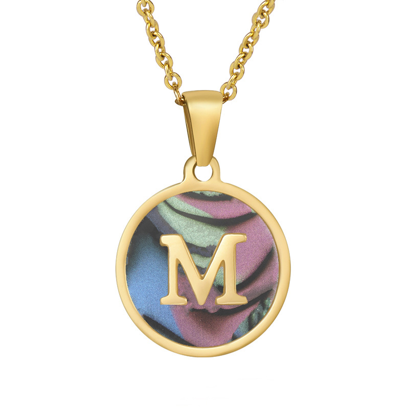 Cross-Border European and American Stainless Steel round Shell Letter Necklace Female 18K Gold Titanium Steel 26 English Letter Pendant
