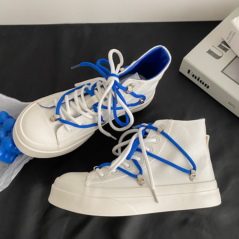 厚底小白鞋克莱因蓝高帮帆布鞋双鞋带设计感韩版原宿百搭ins潮