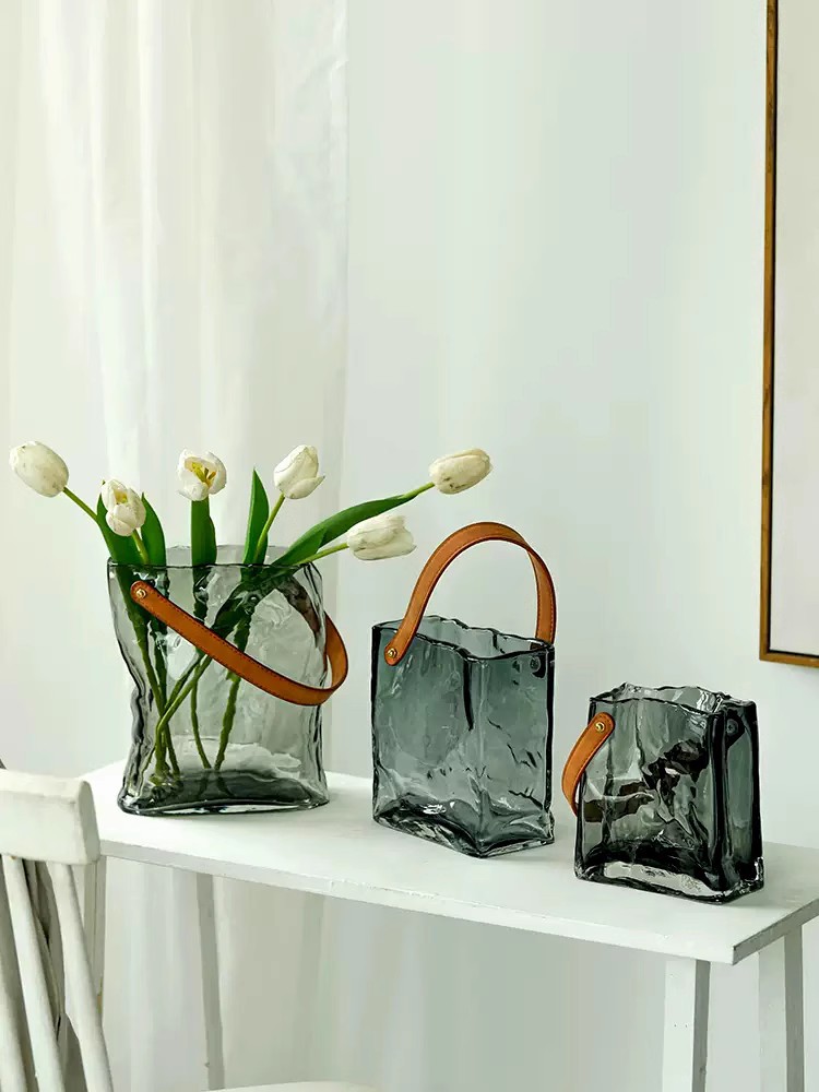 Creative Glass Vase Portable Belt Special-Shaped Flower Arrangement Living Room New Gray Square Bottle Decorative Ornaments