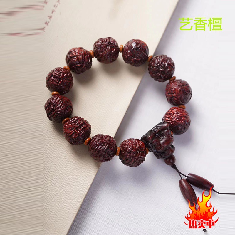 印尼紫檀木刻龙手串龙头九龙戏珠手链手工编织木质佛珠创意饰品