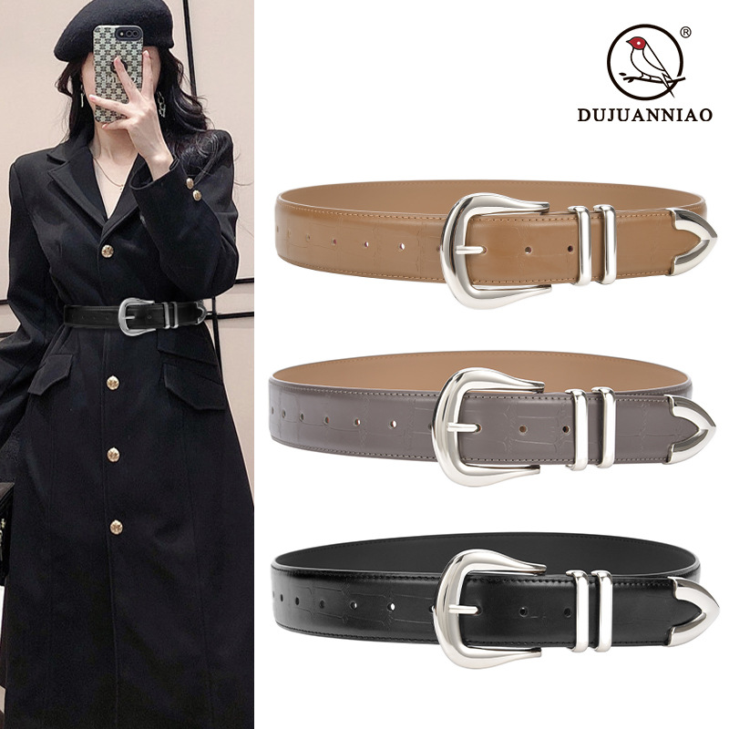 Fashionable Simple Silver Pin Buckle Cowhide Wide Belt Women's Matching Autumn and Winter Trench Coat Coat Genuine Leather Belt Women's Waist Seal