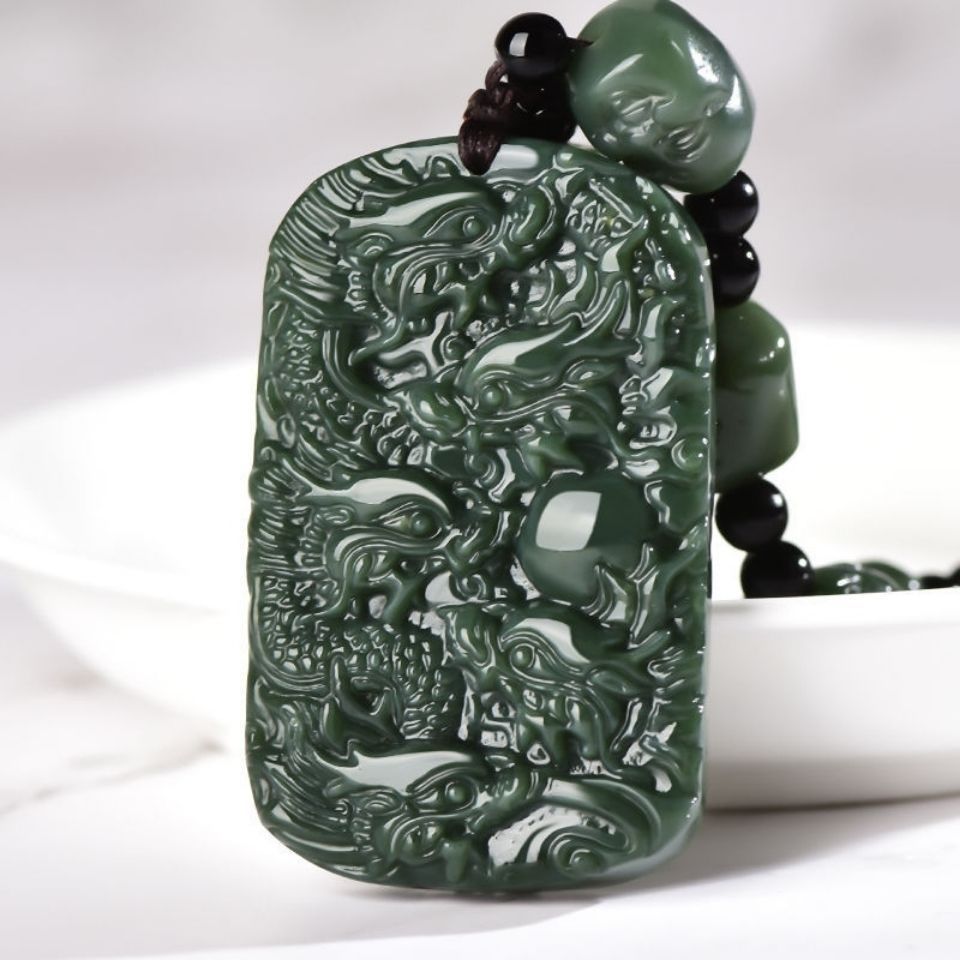 新疆和田玉九龙护主龙牌吊坠青玉双面雕刻九龙戏珠玉石挂件男