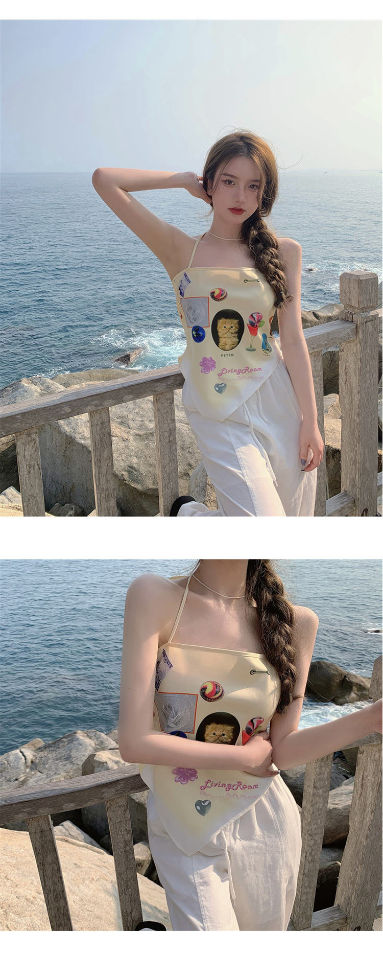 挂脖方巾吊带背心夏季不对称短款猫咪绑带美背抹胸美背丝巾上衣女