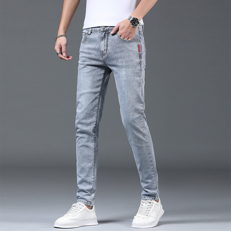 Summer Light Color Thin Slim Jeans Men's Cropped Ripped Ankle-Tied Pants Men Fashion Brands Trendy Long Pants Men