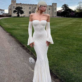 跨境欧美女装时尚性感喇叭袖抹胸一字肩连衣裙网纱蕾丝鱼尾裙批发