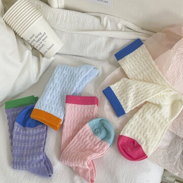 春夏新款薄款网眼透气洞洞鞋多巴胺袜子撞色马卡龙色堆堆袜少女袜
