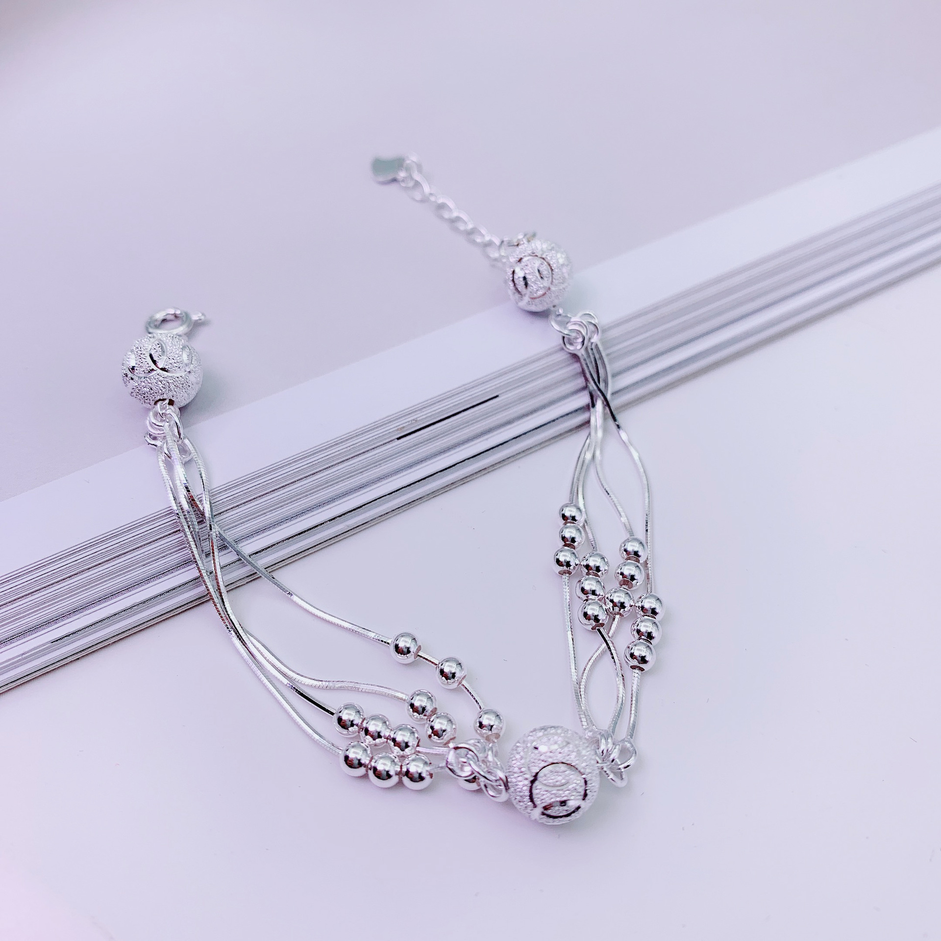 足银990三线蛇骨圆珠手链 韩版简约纯银手链女款爱心手饰品批发