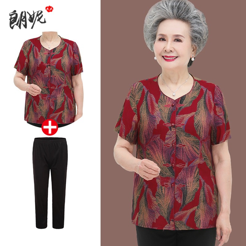 奶奶装夏装喜庆大花绸短袖衬衫老年人女妈妈套装太太老人衣服