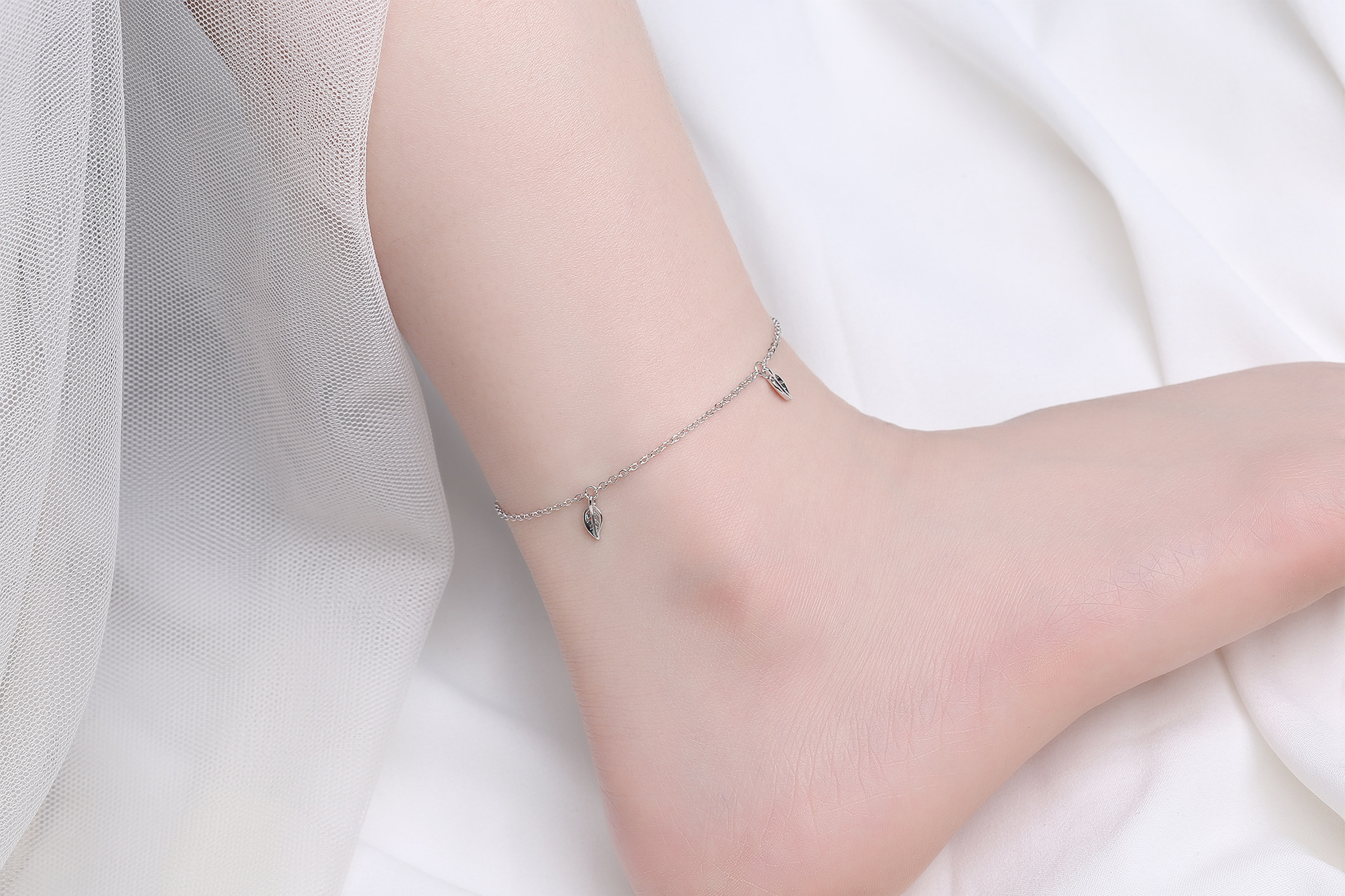 新概念s925纯银 流苏叶子脚链韩版简约ins冷淡风树叶脚饰百搭饰品