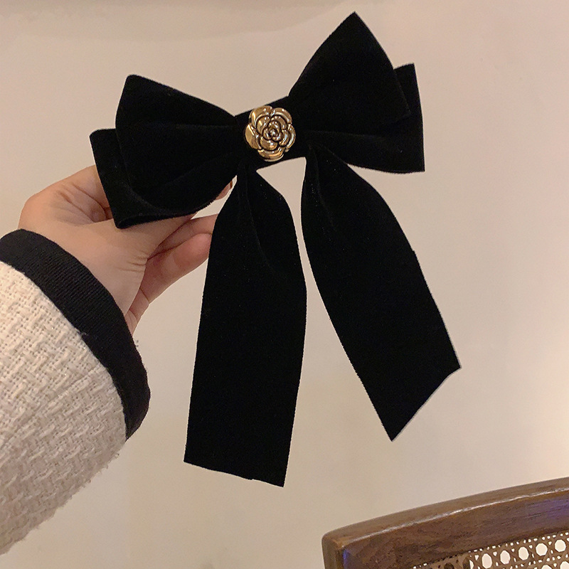 Rich Family Gold! Black Velvet Rose Bow Barrettes Retro French Head Clip Classic Style Premium Hair Accessories