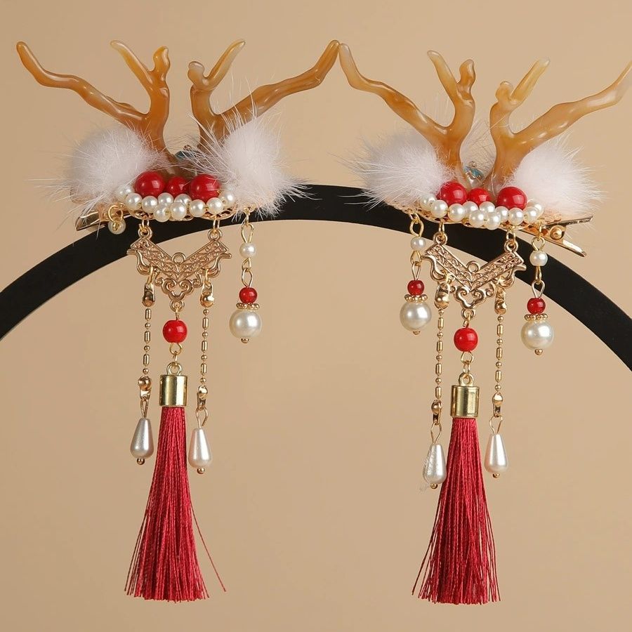 汉服毛球龙角发饰红色新年发夹冬季毛绒头饰古风龙年对夹流苏边夹