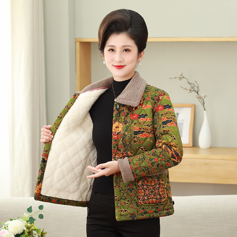 Middle-Aged and Elderly Women's Floral Cotton-Padded Jacket Autumn Winter Cotton-Padded Coat Mother's Wear Trendy Stitching Lapel Quilted Fleece Lined Coat Coat