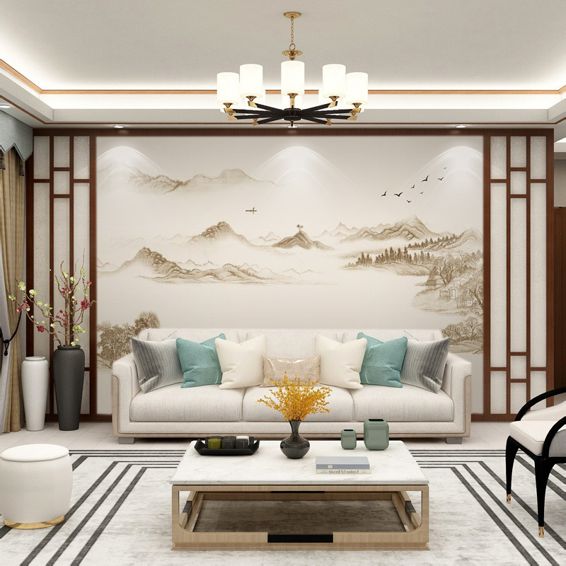 新中式水墨暖色山水设计电视沙发背景墙客厅卧室无缝墙纸影视墙布
