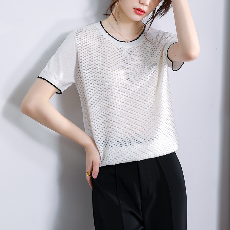 冰丝打底衫女夏季薄款短袖夏装新款镂空洋气宽松外搭时尚针织上衣