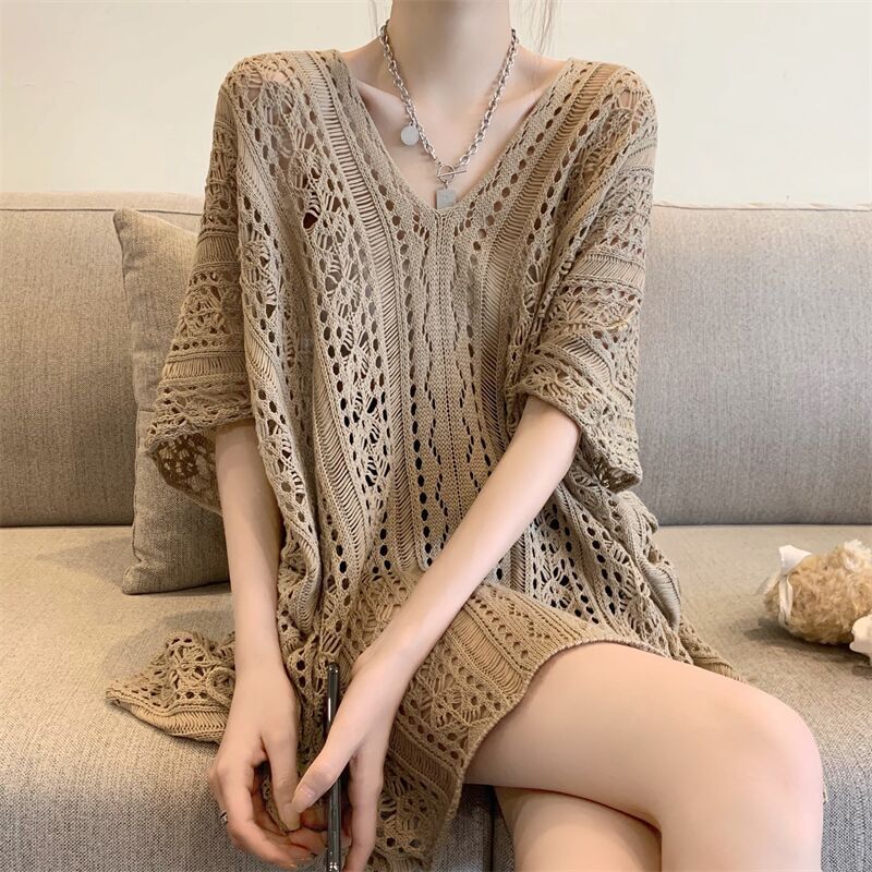 2024 New Summer Women's Clothes Pure Desire Hollow out Tied Knitted Top Loose Niche Mid-Length Cutout Blouse