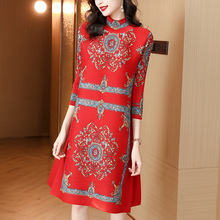 三宅褶皱新款早春中国风洋气裙子气质大码中长款红色连衣裙