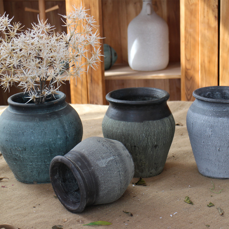 花瓶花器红陶黑陶手工土陶罐简约现代陶瓷花瓶花器三件套家居装饰品样