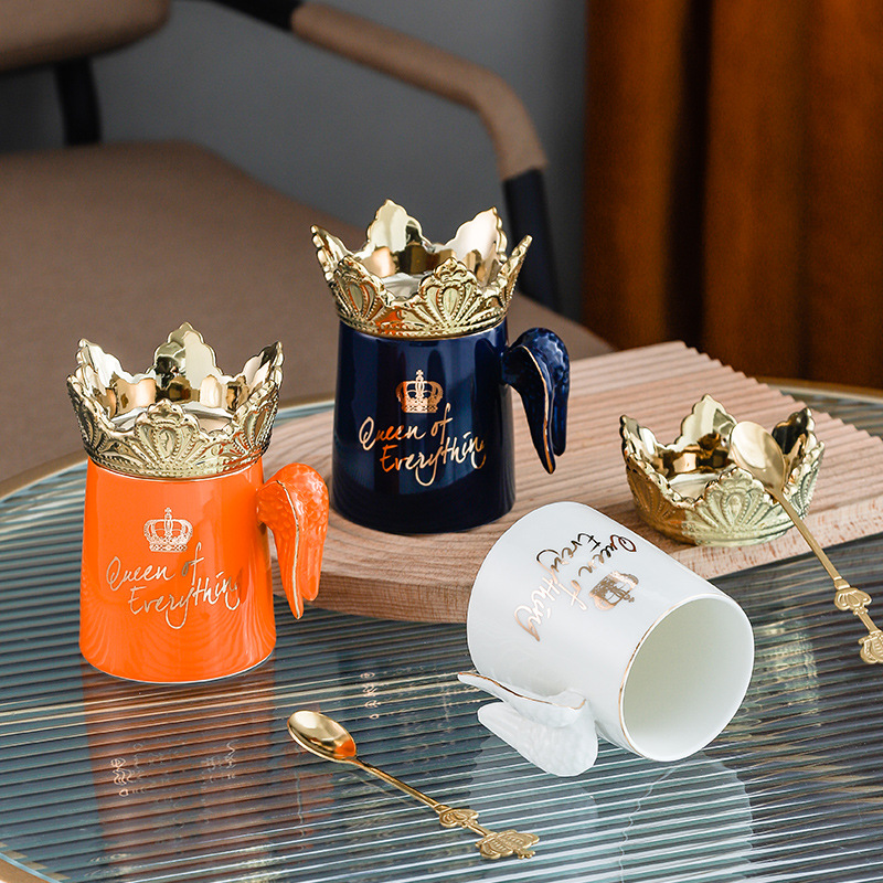 北欧轻奢 天使皇冠杯陶瓷带盖马克杯咖啡杯 皇冠翅膀杯礼品杯