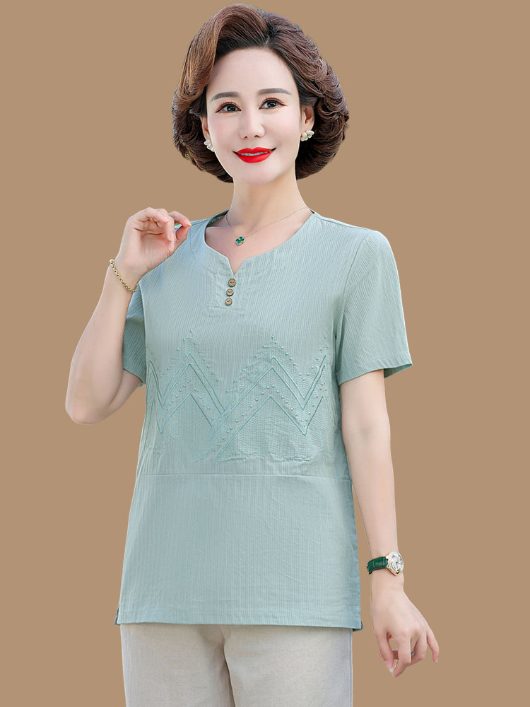 中年妈妈夏装洋气套装棉麻上衣中老年女装夏季短袖t恤纯棉两件套