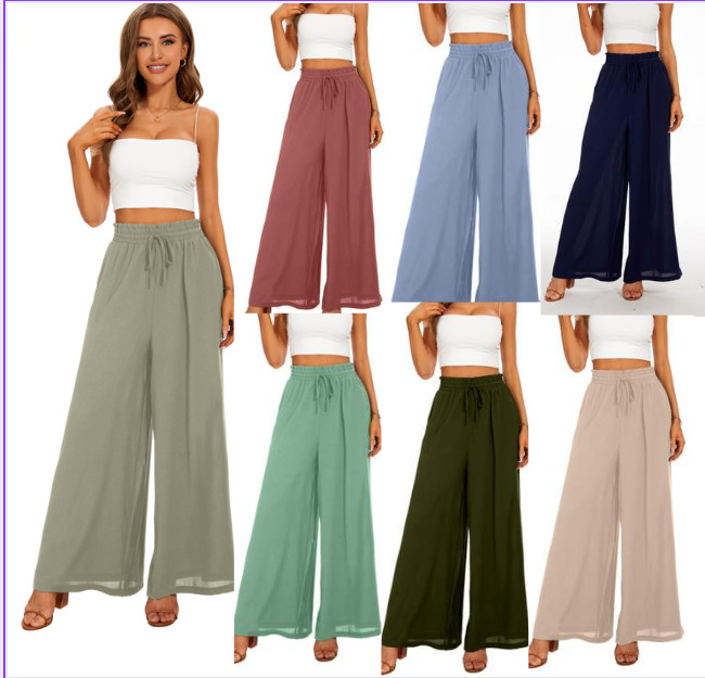 2023 Europe and America Cross Border Summer New Women's Wide-Leg Pants Elastic Waistband Wide Leg High Waist Long Culottes for Women