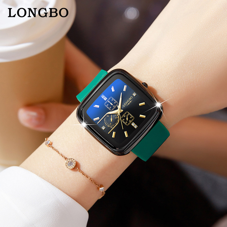 longbo龙波新款硅胶带手表方形三眼中性女士防水气质石英表83555