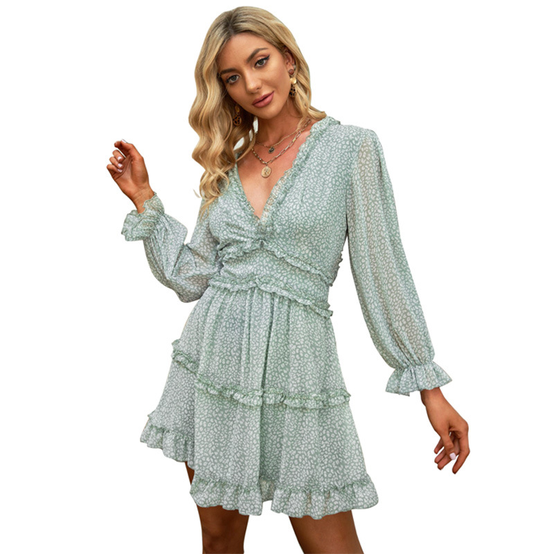 Shiying European and American Style Dress Wholesale Spring and Autumn Cross-Border Backless Chiffon Waist-Tight Sexy High Waist Long Sleeve Floral Dress Women Women Clothes