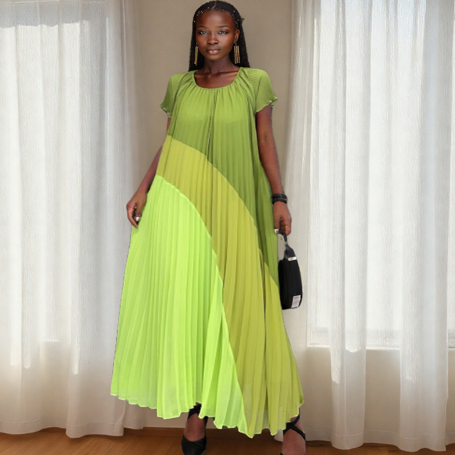 跨境复古宫廷风褶皱拼色圆领短袖连衣裙女宽松显瘦a字雪纺百褶裙