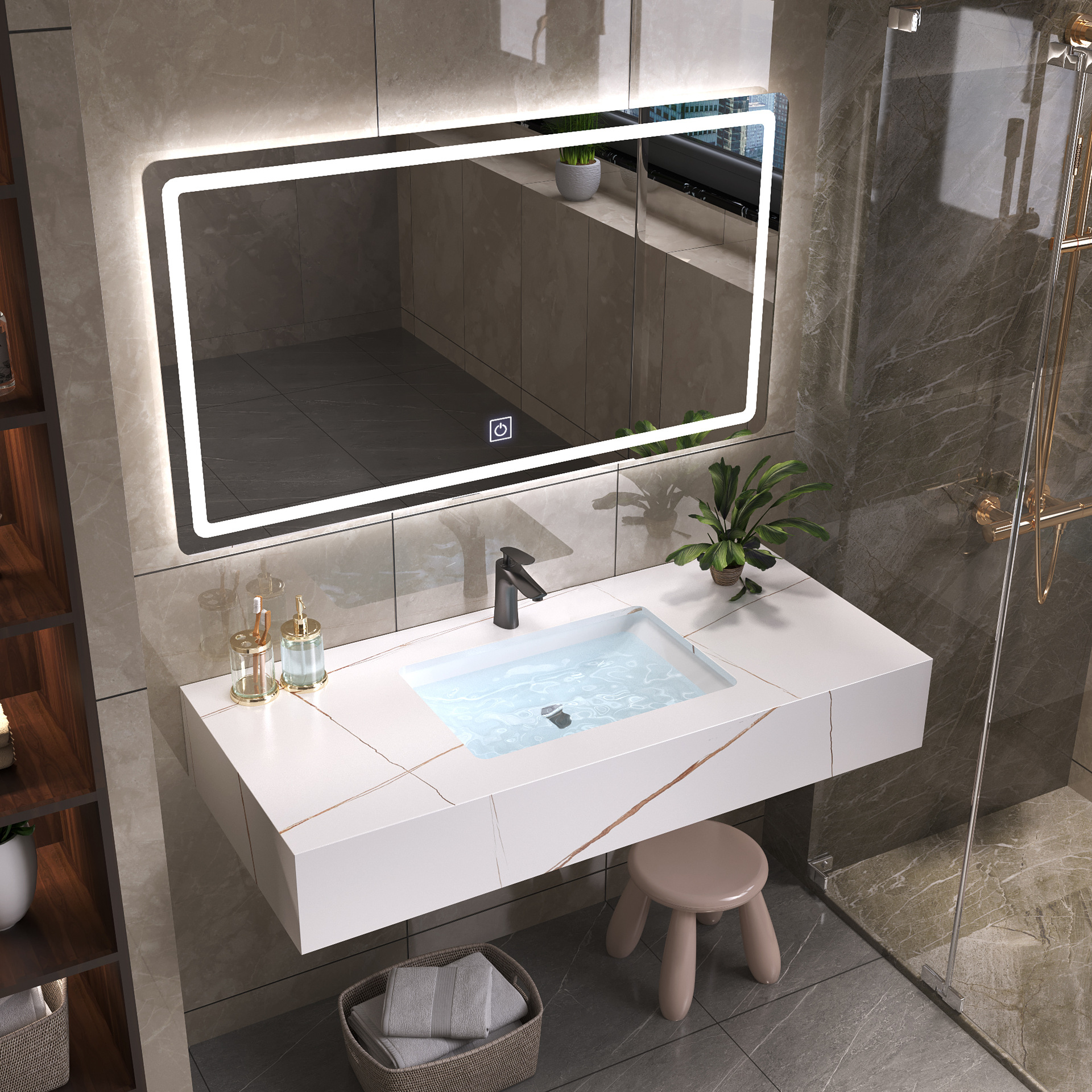 酒店新款大理石岩板一体卫生间挂墙式盆洗脸盆宾馆洗手台面盆柜