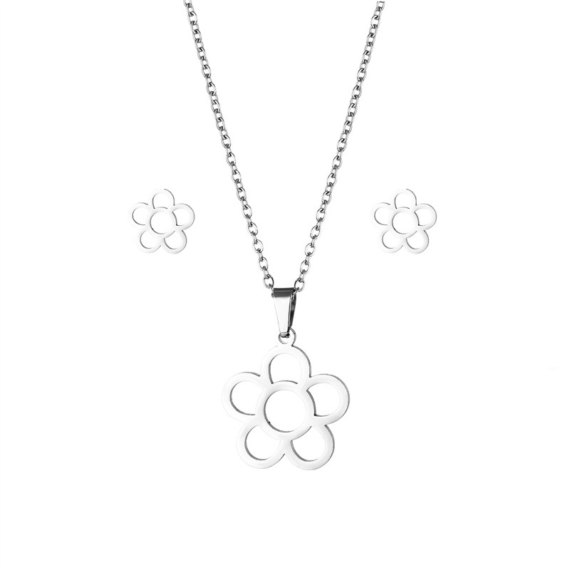 Simple Small Flower Pendant Stainless Steel Ins Cold Wind Necklace and Earring Suit Niche Design Flower Clavicle Chain