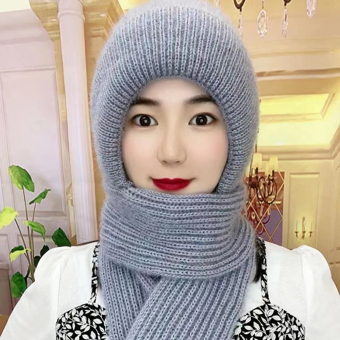 新款帽子女士秋冬季加绒针织毛线帽围巾一体帽骑车防寒保暖风雪帽
