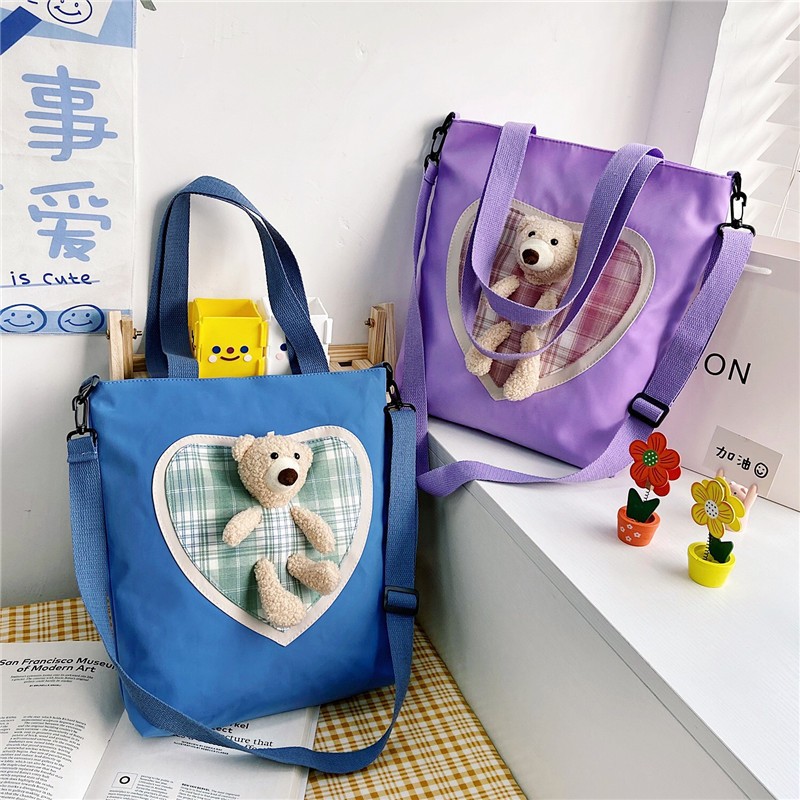 Middle School Student Class Bag New Casual Portable Shoulder Bag Female Canvas Large Capacity Bear Student Make-up Class Messenger Bag