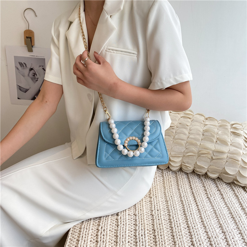 Blue Cool Rhombus Pearl Chain Messenger Bag Summer 2021 New Fashion Design Embroidery Thread Small Solid Color Square Bag