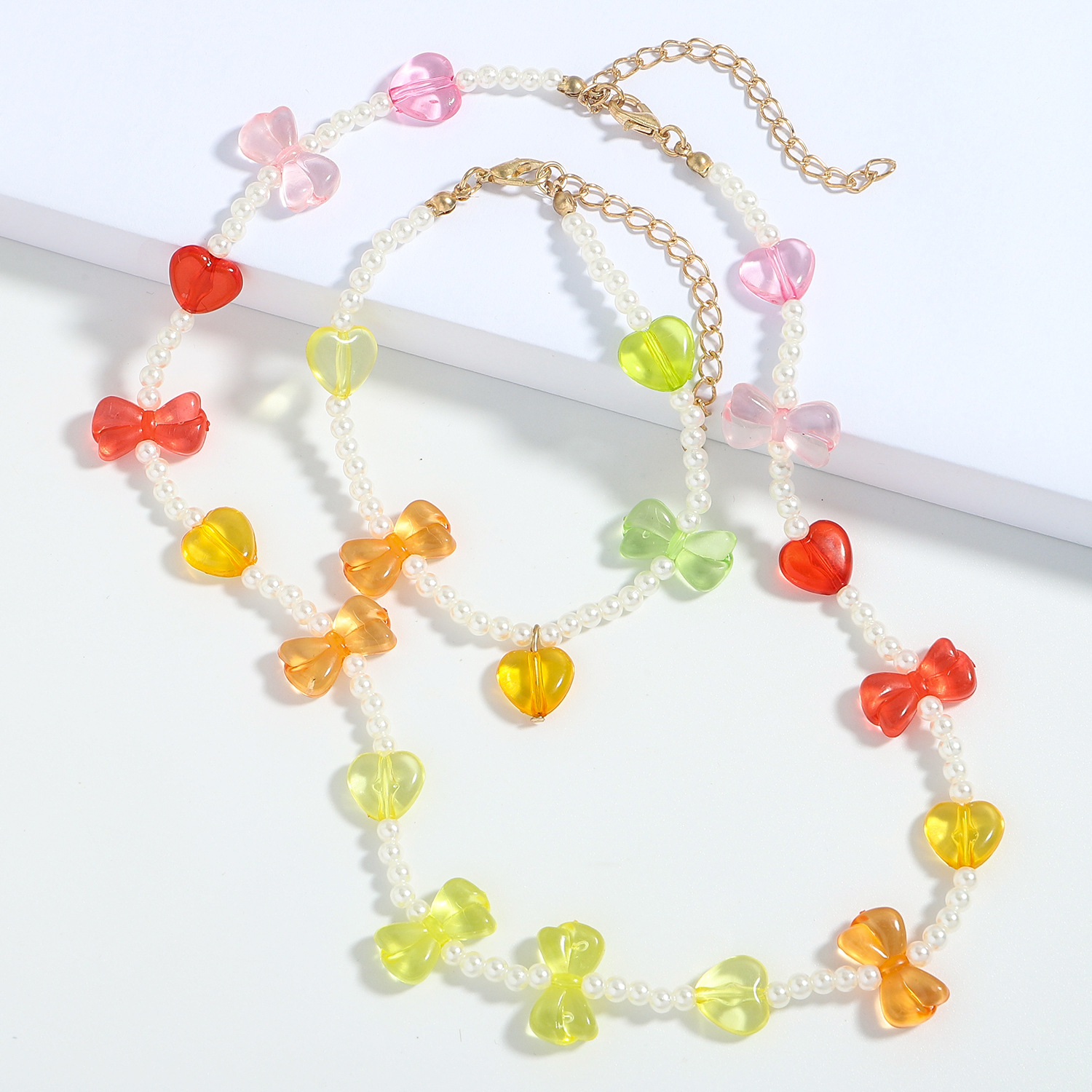 亚克力珍珠爱心彩色拼接手工串珠项链夏季甜美演出新流行手链套装