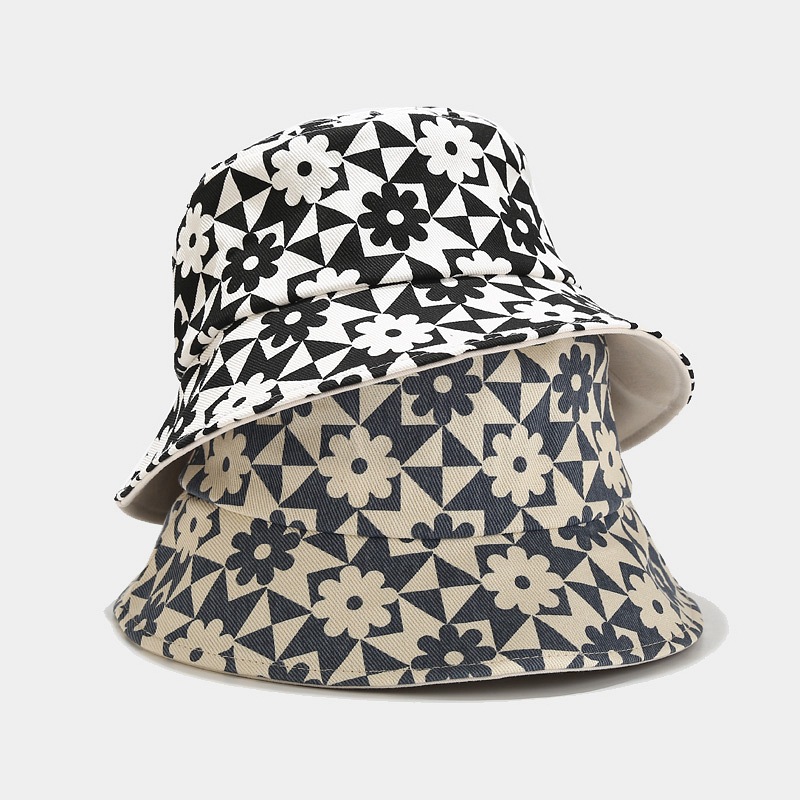 欧美潮流新款盆帽春夏季可爱小花朵图案渔夫帽显脸小百搭遮阳帽潮