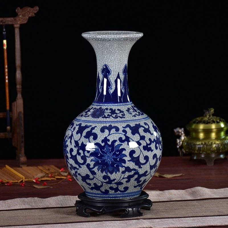 景德镇陶瓷器仿古官窑青花瓷花瓶客厅摆件裂纹釉复古家居装饰摆设