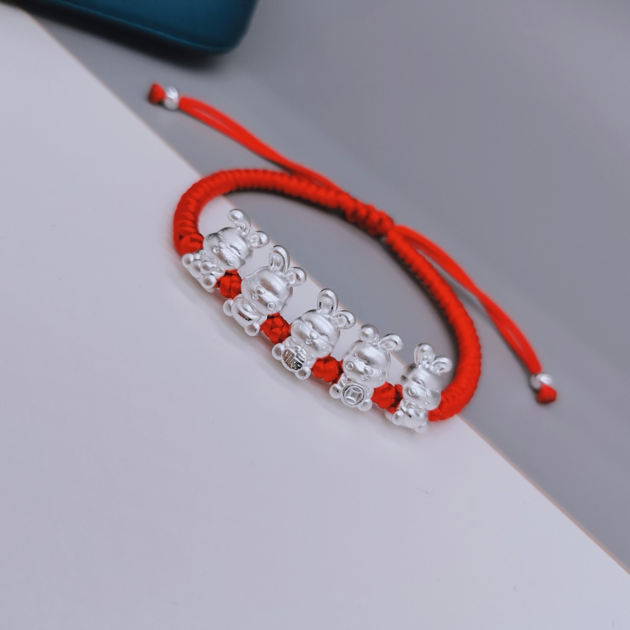 纯银十二生肖五福兔手编红绳金刚结手链本命年转运珠男女儿童手绳