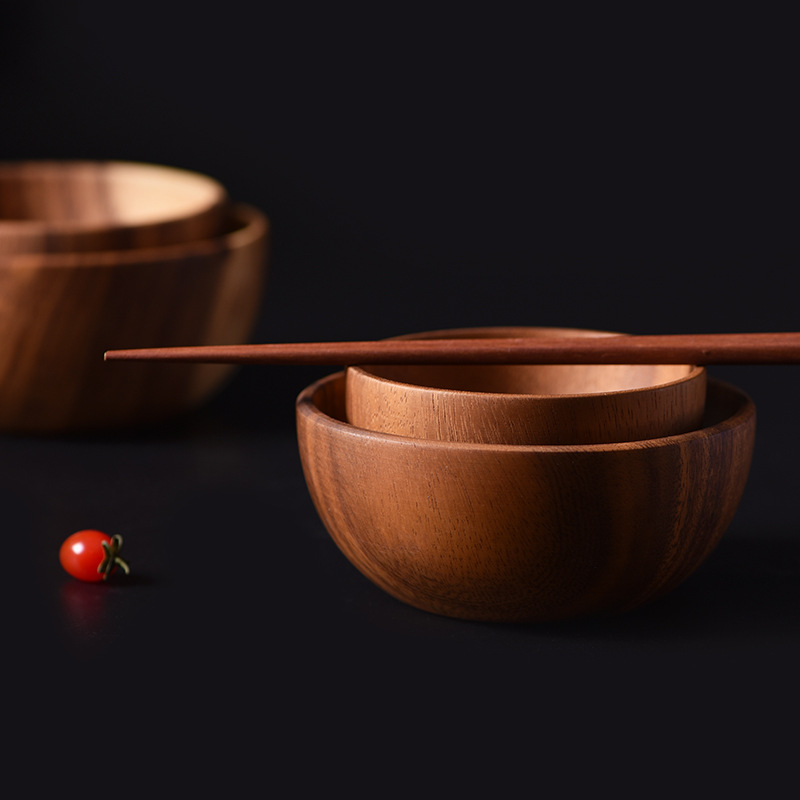 round Wooden Bowl Spot Factory Direct Sales Acacia Mangium Salad Bowl Wooden Creative Rice Bowl Quantity Discounts