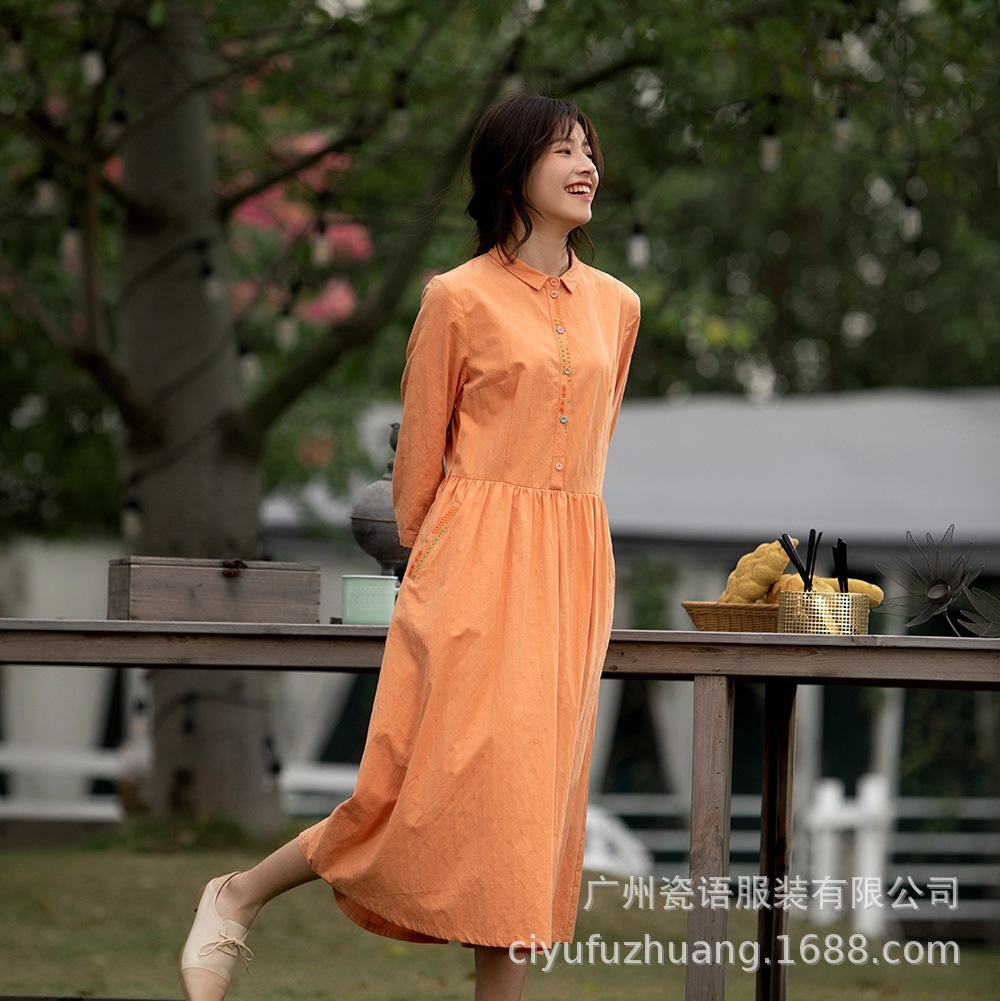 瓷语21棉麻文艺刺绣高腰连衣裙显瘦重工长裙-阿里巴巴