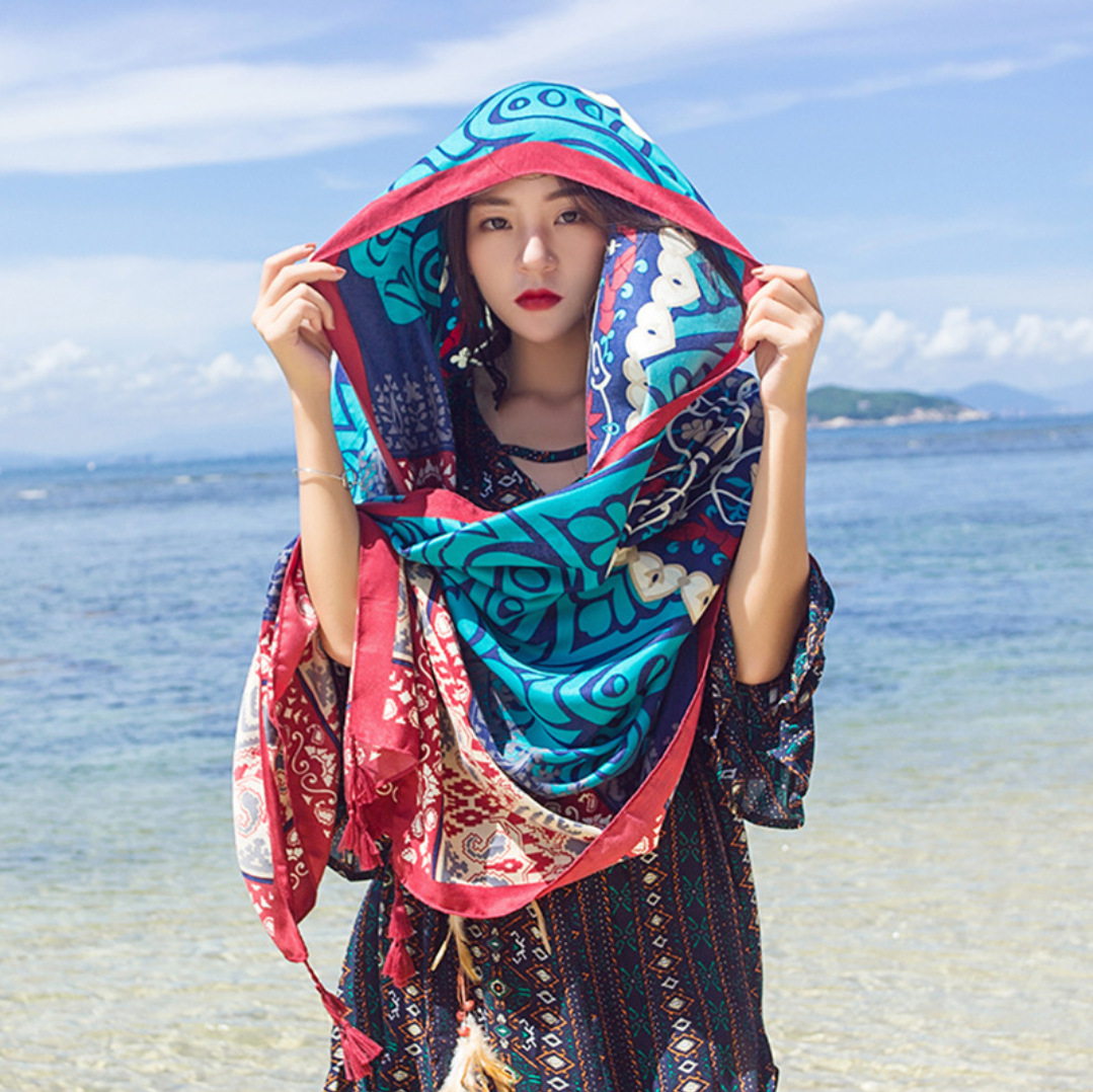 Summer Holiday Ethnic Style Scarf Artistic Cotton and Linen Women's Hainan Yunnan Travel Sun Protection Baotou Scarf Talma