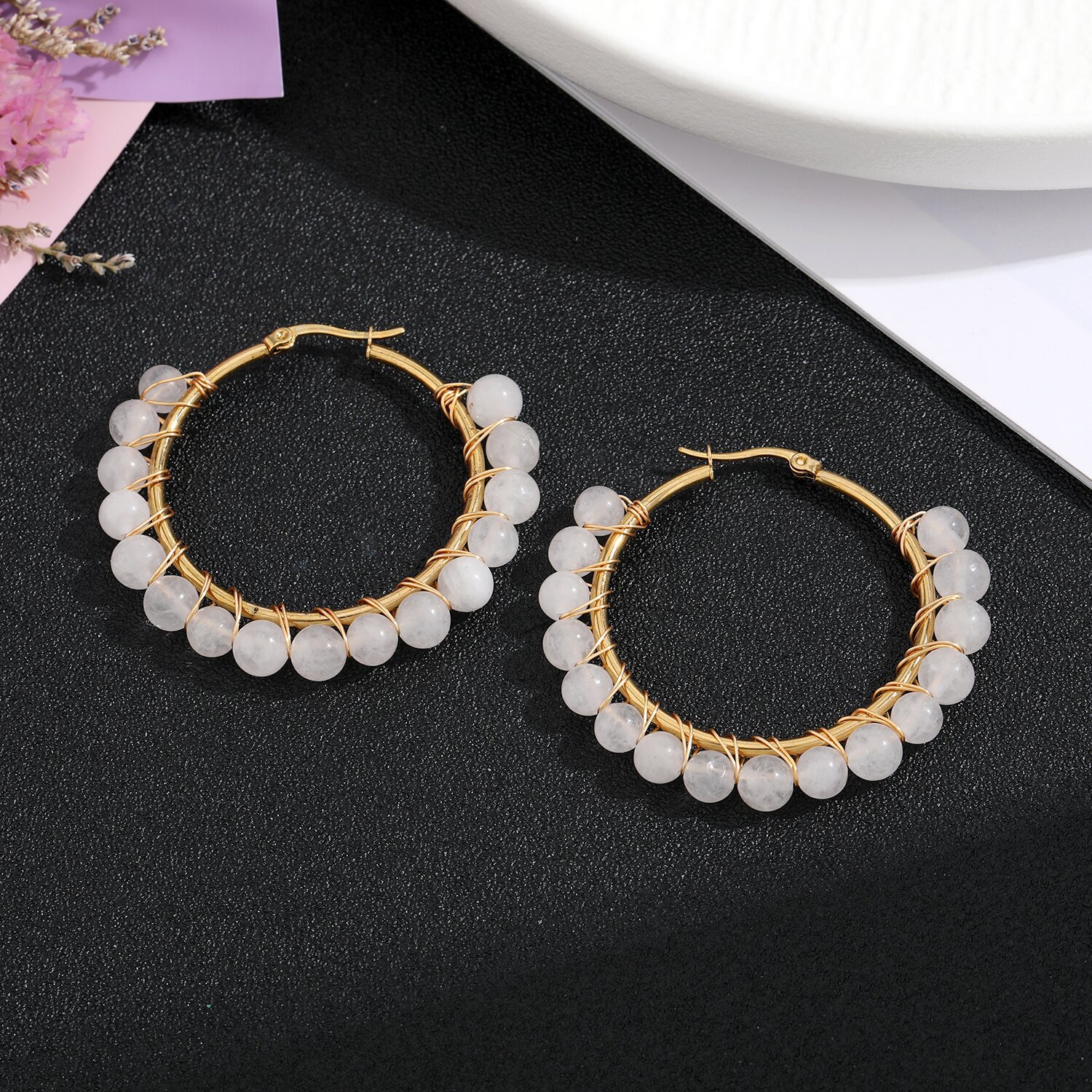 Natural Stone Stainless Steel Winding Earrings Design Sense Beaded Earrings High Sense Ear Ring Retro Color Earrings All-Matching